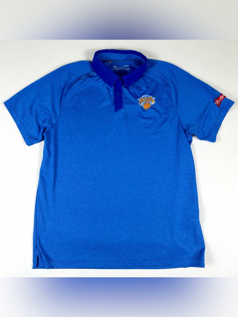 NY Knicks Budweiser Mens L Polo Shirt Blue Under Armour HeatGear Performance NBA